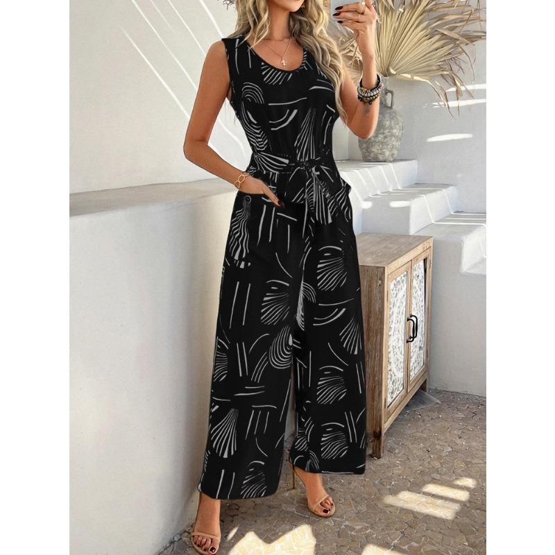 Summer Leisure and Vacation Style Printed High Waist Pocket Jumpsuits