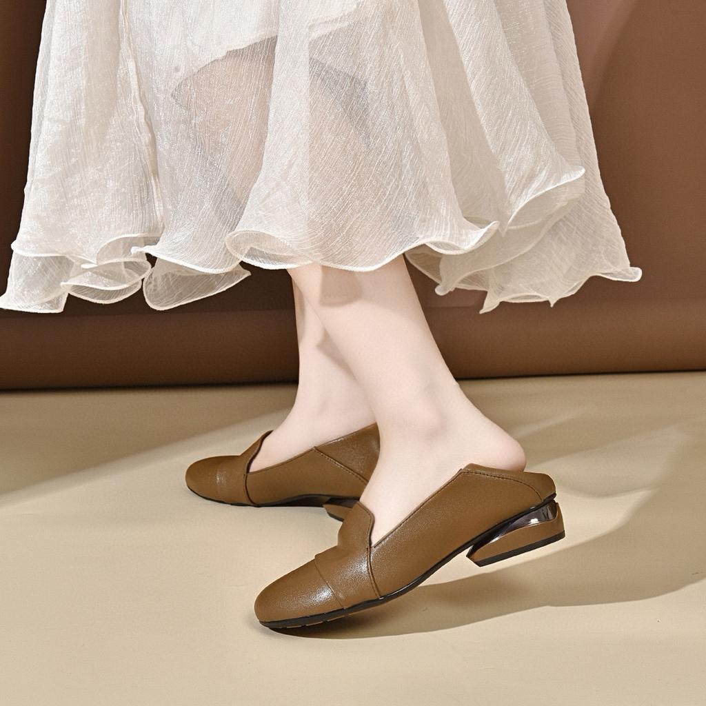 Round Head Flat Shoes Women's Autumn Simple Temperament Low Heel Work Shoes Cowhide Shallow Mouth Small Single Shoes Women's Four Seasons Shoes