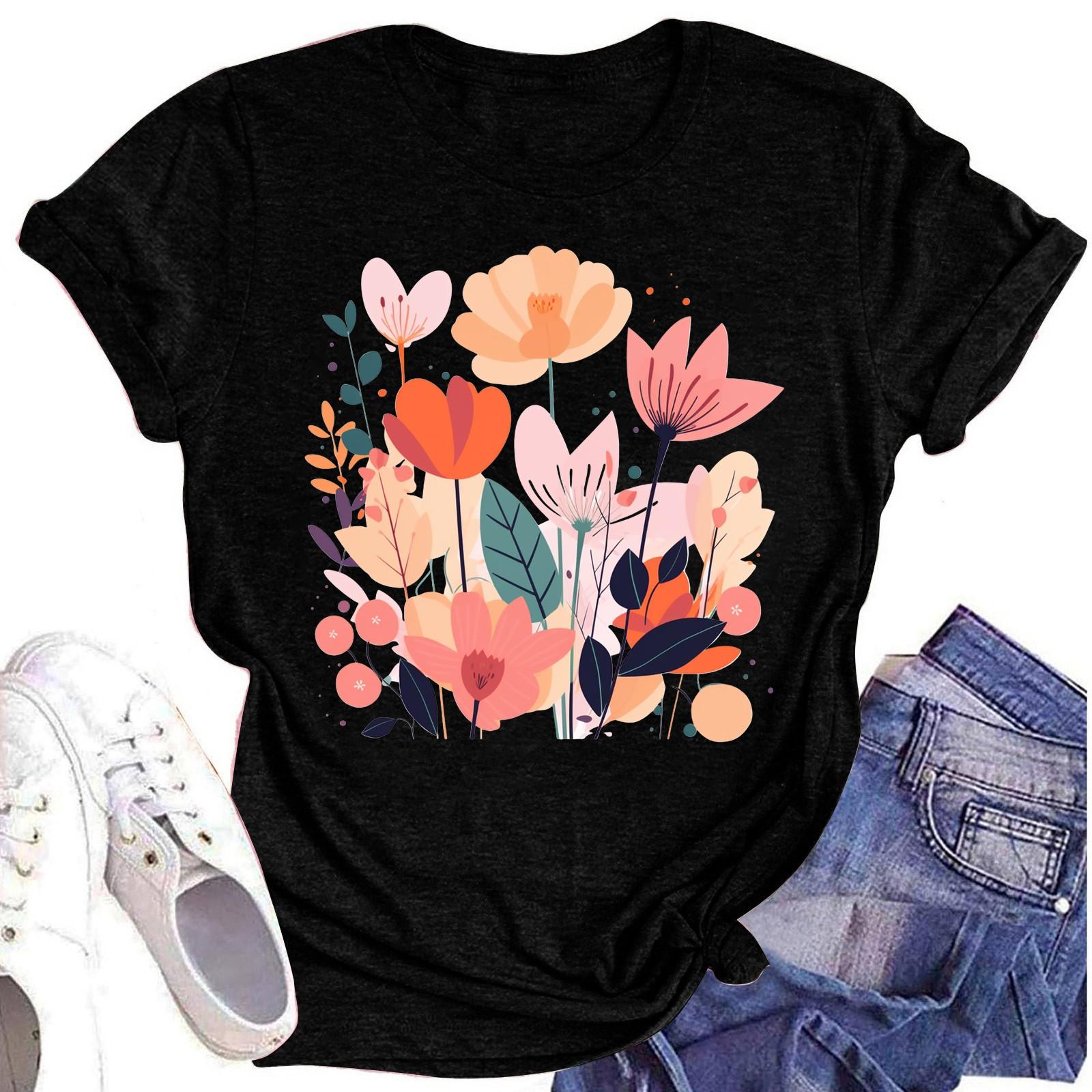 Женская повседневная футболка с круглым вырезом и цветочным принтом, короткий рукав XL