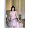 Women's Pink Two Piece Set Ruffle Collar Short Sleeve Top High Waist Flared Midi Skirt Elegant Casual Outfit
