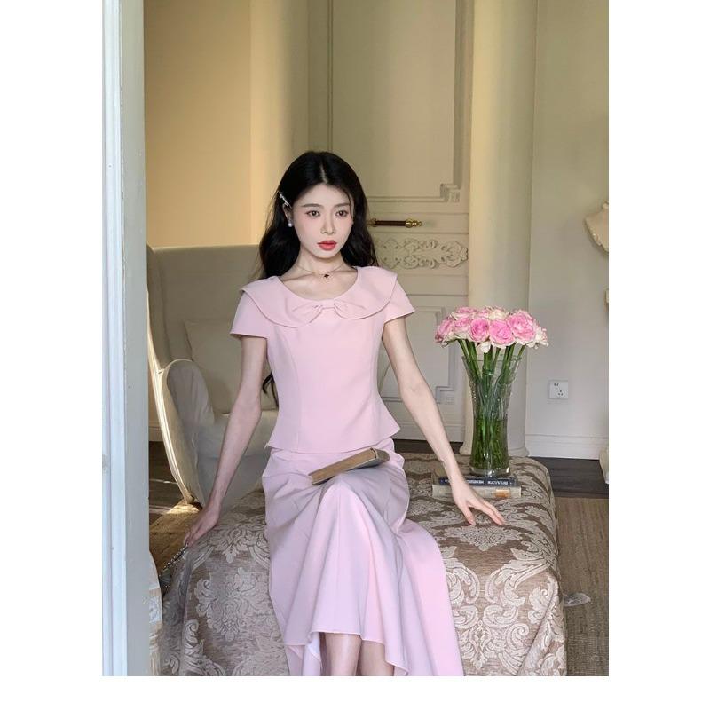 Women's Pink Two Piece Set Ruffle Collar Short Sleeve Top High Waist Flared Midi Skirt Elegant Casual Outfit