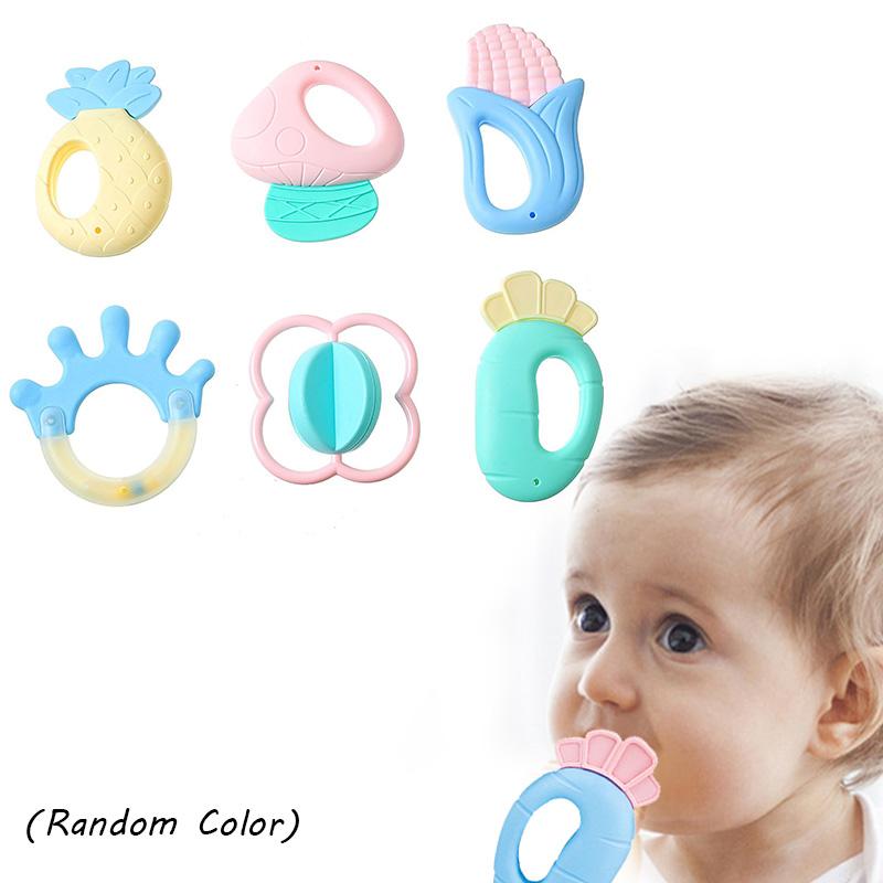 Baby 6pcs Silicone Rattle Set Infant Food Shaped Molar Stick Teething Toys Chew
