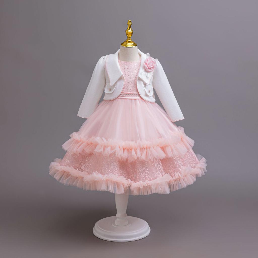 Dívčí šaty set Jaro Podzim Flitrovaná tylová sukně Dětské párty šaty Roztomilé princeznovské šaty a kabát Oblečení 2dílný oblek 5-11 let