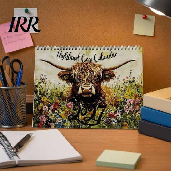 Ink Proof Planner Highland Cow Calendar 2027, 12 Month Wall Hanging with Monthly Planning Large Daily Blocks, Home Office Organizer, Lover Gift