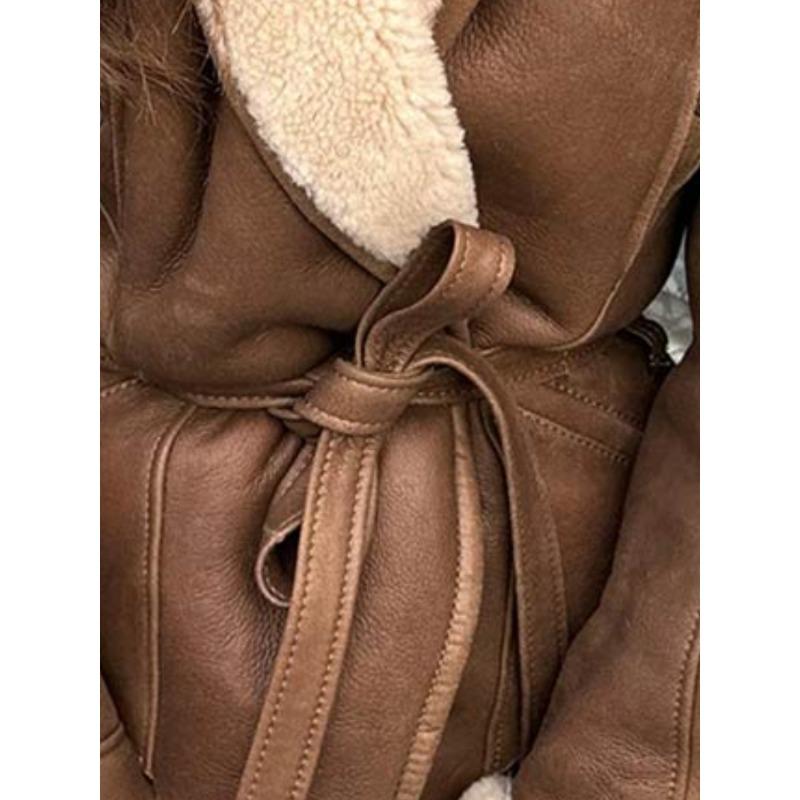 Women Elegant Irregular Hem Plush Lapel Coats Fashion Lace Up Pocket Long Sleeved Jacket 2024 Autumn Winter New Warm Outwear