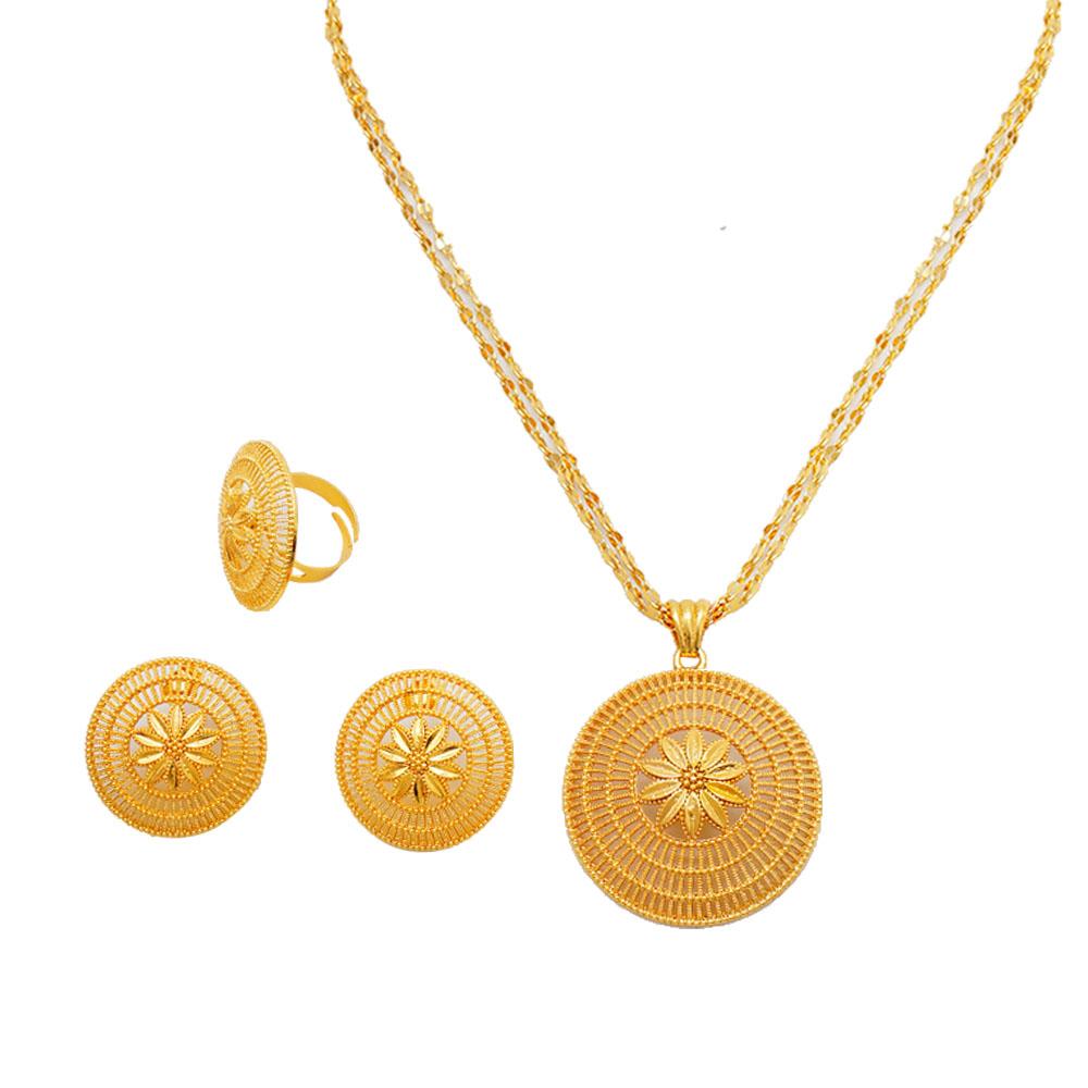 Ethiopia Dubai Gold Color Jewelry Set For Women Flower Pendant Ring Earrings 3 Piece Wedding Jewelry Accessories Jewelry