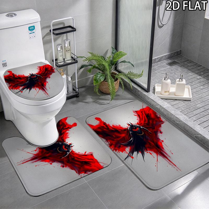 3pcs Black and Red Batman Pattern Flannel Nonslip Absorbent Washable Decorative Bathroom Home Toilet Seat Cover Mat