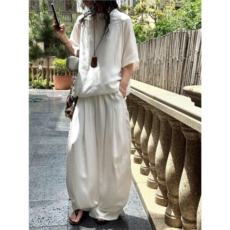 Johnature Módní plisované kalhoty se širokými nohavicemi na léto, splývavé, pohodlné, volné, ležérní kalhoty pro ženy