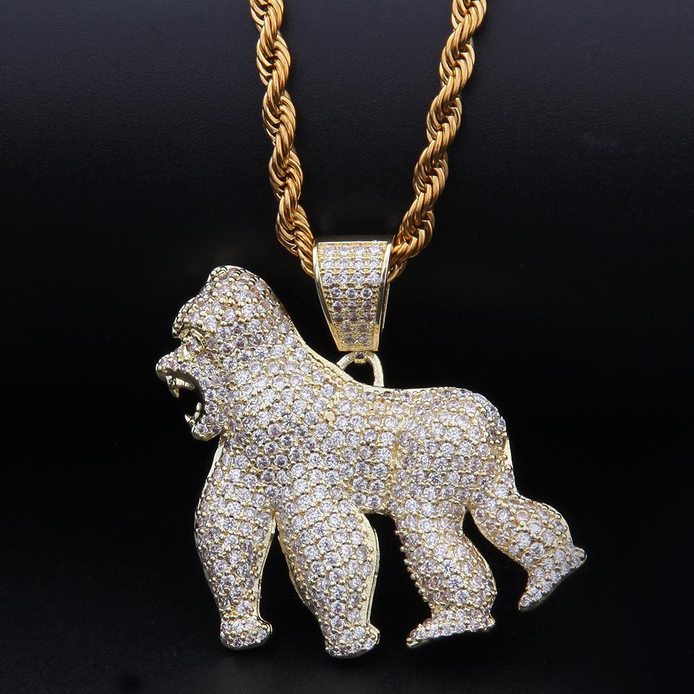 Hip Hop King Kong Roaring Gorilla Zircon Pendant Walking Gorilla 14K Gold Plated Jewelry