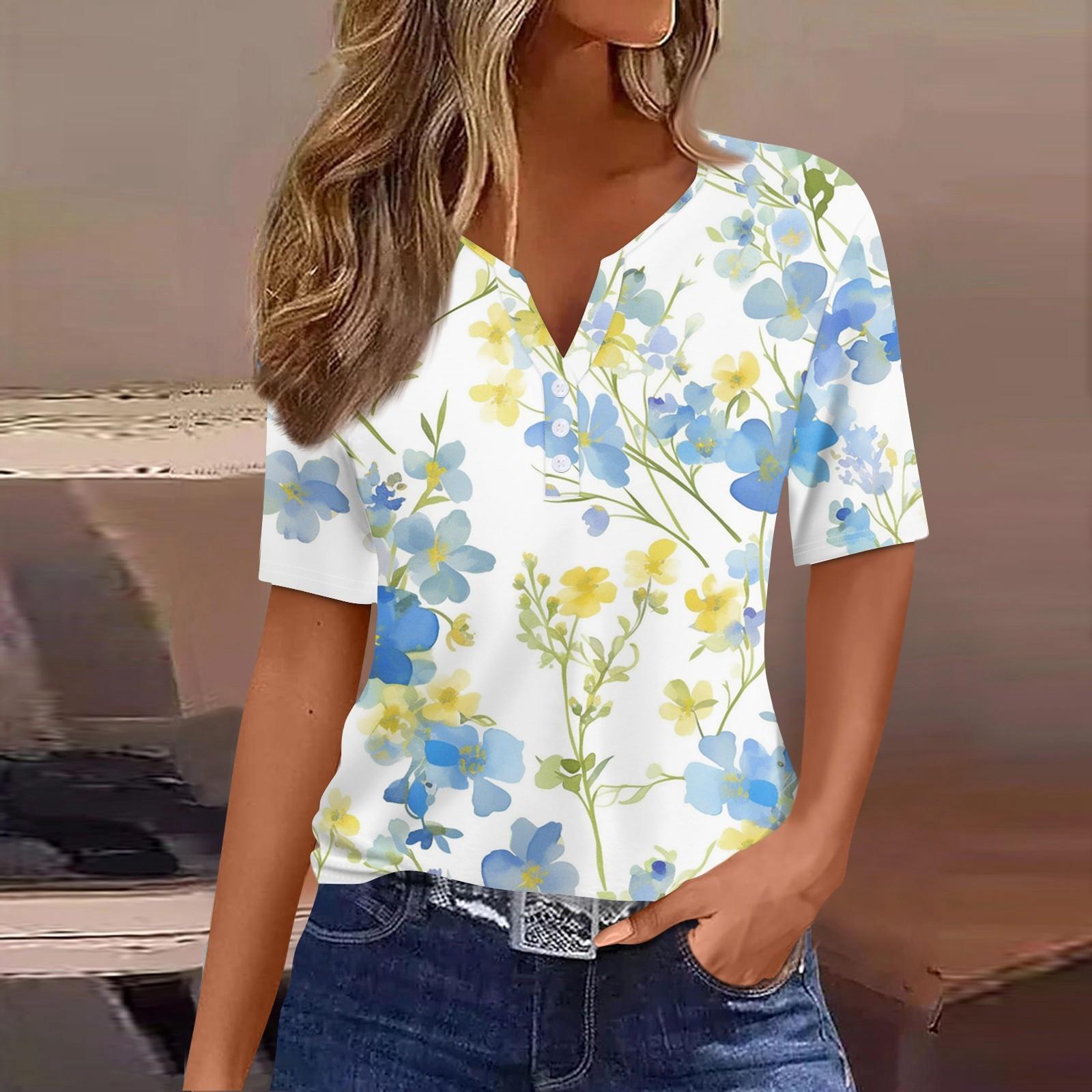 

Жен. Футболка С принтом Пуговицы С короткими рукавами Повседневные Выходные Мода Классический Классический V-образный вырез Обычный Топ L синий