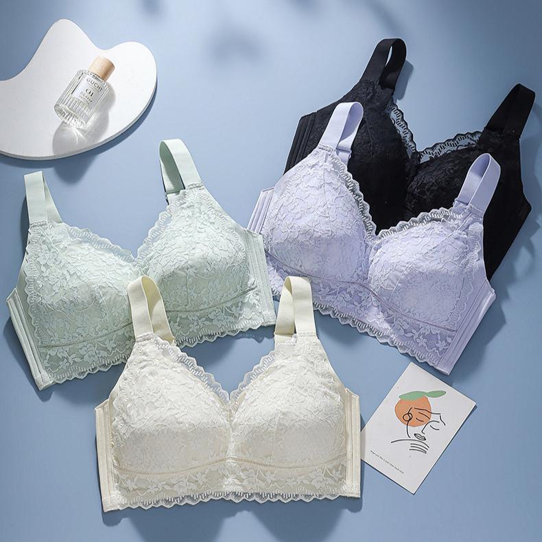 Sommarunderkläder för kvinnor utan bygel tunn spets push up bh dubbelknäppt plusstorlek anti-häng fullkupa bh
