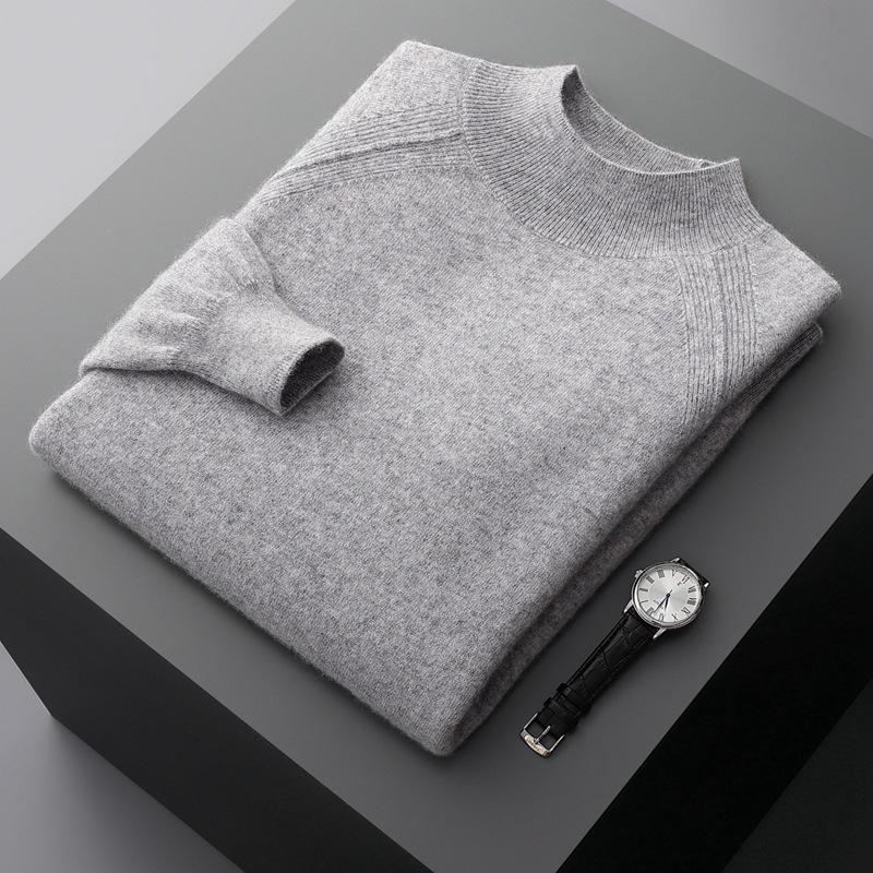 Men's Solid Color Cashmere Raglan Sleeve Sweater - Fall/Winter Half-High Neck, Versatile and Pure.