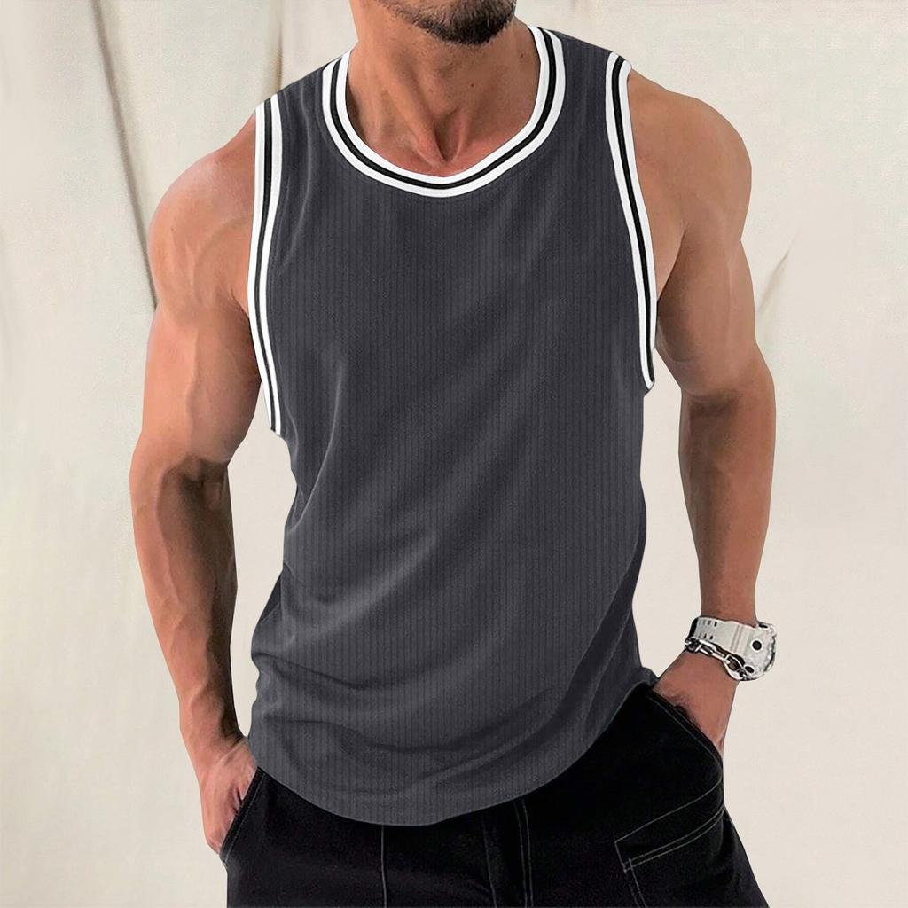 Men's Knit Vertical Stripes Fitness Exercise Slim-fit I-block Color Vest