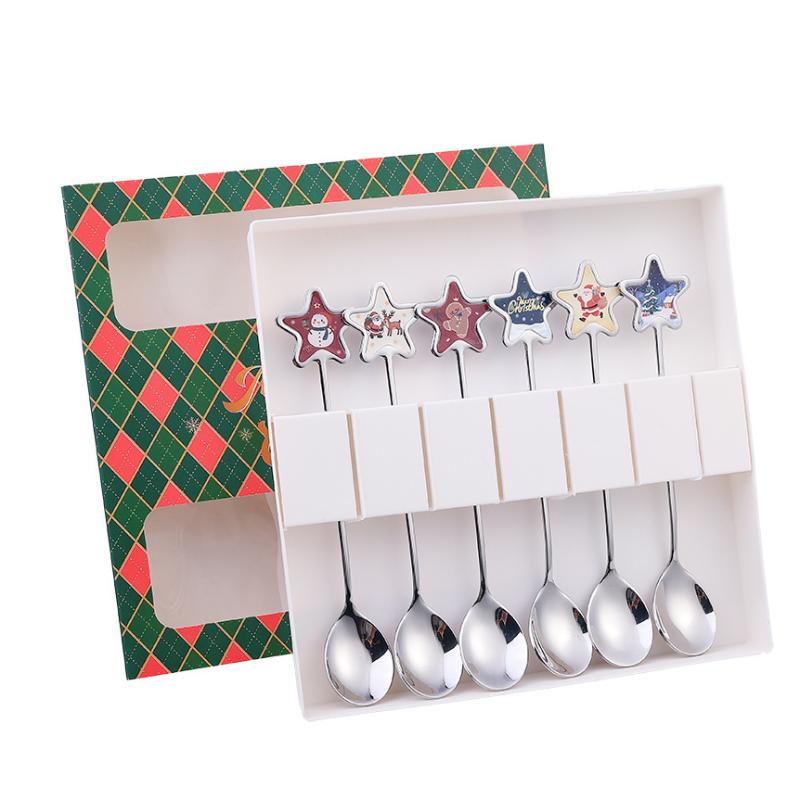 

2/6 шт. Рождественский набор ложек для перемешивания и золотых десертных вилок с дизайном елки с пятью звездами для рождественской вечеринки, подарок, столовая посуда as the picture