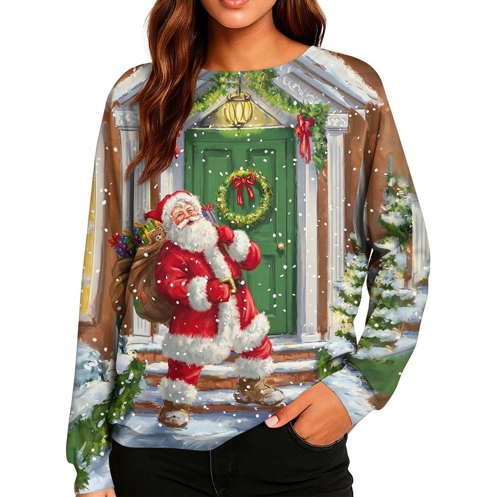 Women's Casual Neck Long Sleeve Raglan Christmas Print Pullover Sweatshirt