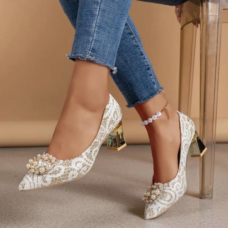 Mote Kvinner Krystallperlebesatte Sko Vår Høyhælte Chunky Femme Mote Luksus Kjolesko Elegante Lave Sko Zapatos Pumps