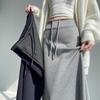Women's Gray High Waist A-line Midi Skirt - Autumn Sporty Style with Straight Slit and Draping