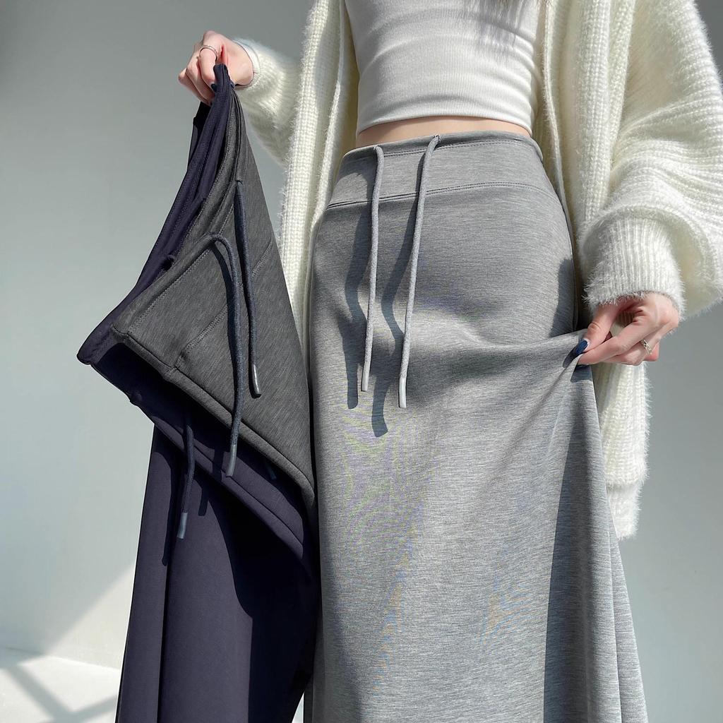 Women's Gray High Waist A-line Midi Skirt - Autumn Sporty Style with Straight Slit and Draping