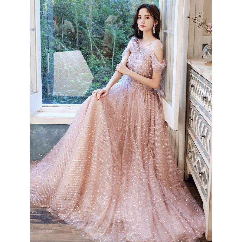Pink Pearl Evening Dress Women's Summer New Temperament Socialite Birthday Catwalk Fairy Long Banquet Dress