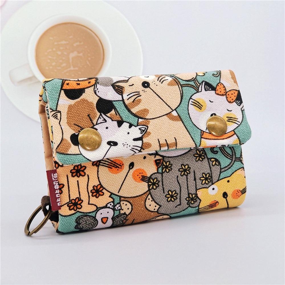 Print Maneki Neko Wallet Portable Zipper Short Wallet Multifunctional Canvas Coin Purse  Women