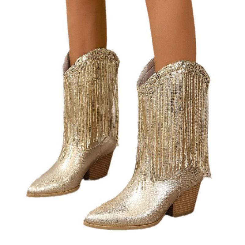 Medium Tube Fashion Boots Large Size Retro Thick Heel Pleated Foot Set V Port Western Knight Boots