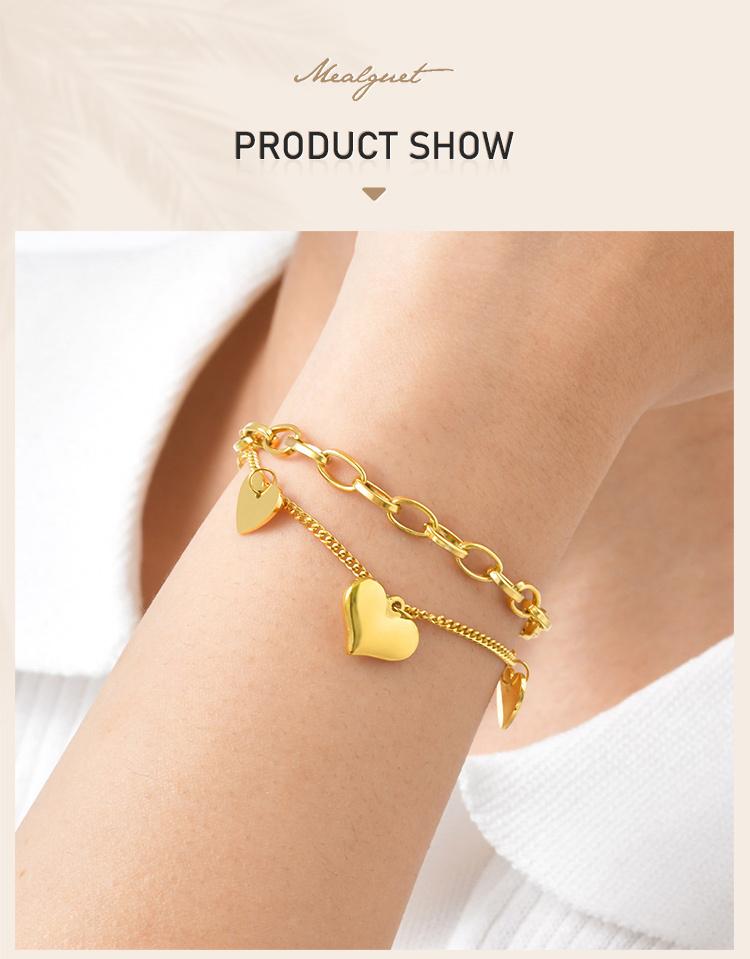 Double Layered Love Charms Heart Link Bracelet Woman, Stainless Steel Cuban Chain Adjustable, Waterproof Jewelry Hypoallergenic