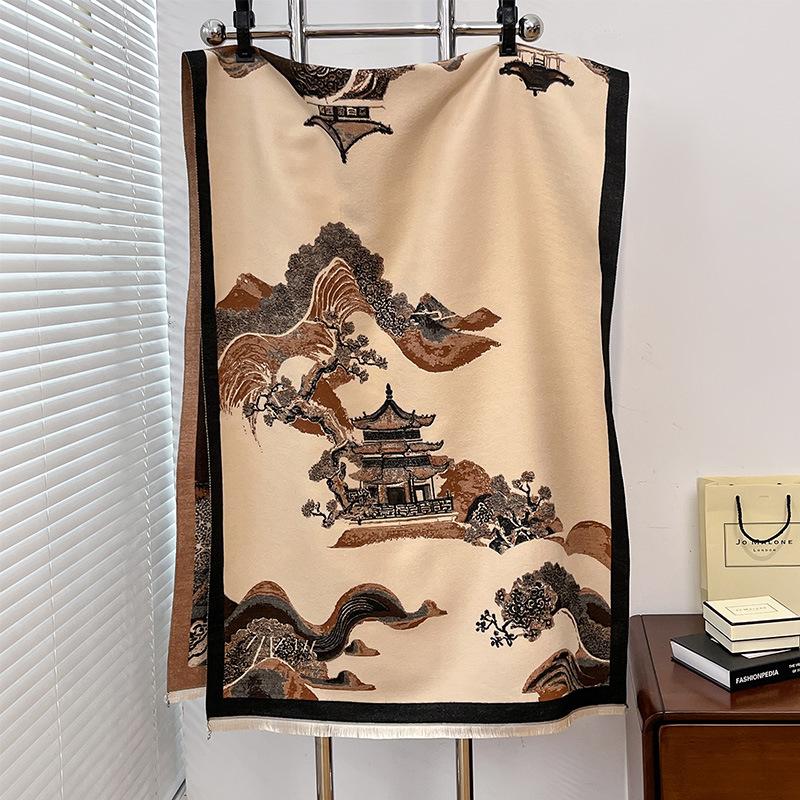 National Style Ancient Building Antique Retro Autumn And Winter Women'S Imitation Cashmere Short Beard Fringed Warm Scarf Shawl Scarf