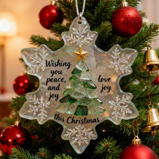 Snowflake-Shaped Sea Glass Christmas Tree Ornaments Coastal Inspired Seaglass Keepsake for Christmas Tree Hanging Decoration