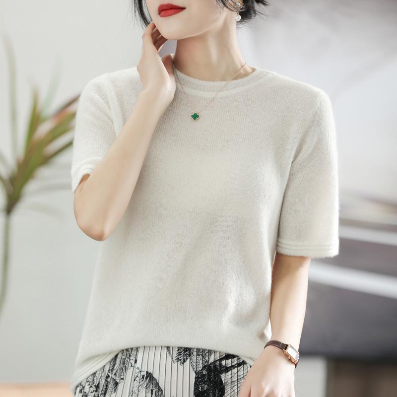 Silk Cashmere Multi-color First-line Ready-to-wear Exquisite Short-sleeved Sweater Spring and Autumn Latest Light Cloud Velvet Short T-shirt