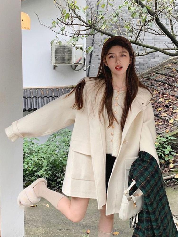 Herbst Winter Lose Elegante Wollmantel Frauen Französisch Horn Schnalle Retro Wollmantel Neue Koreanische Mode-Design Casual Kleidung