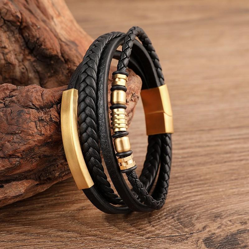 Stainless Steel Mens Braided Leather Wrap Bracelet Geometric Design Cycling Safety Accessory