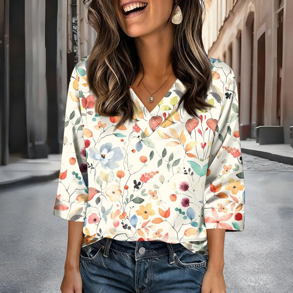 Womens 3/4 Length Sleeves Shirts V-Neck Satin  Loose Dressy Trendy T-Shirt Pullover Blouse Tops