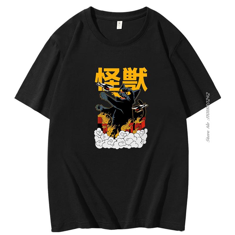 Funny Catzilla Japan Cat Lover T Shirt For Men Cotton Short Sleeve Tshirt Summer Hombre Oversized Tee Shirt Mens Clothes