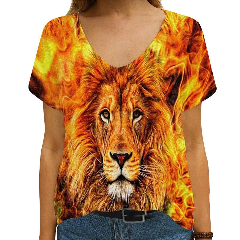 Summer Lion Print Trend 3d Women's V-neck Fashion Short Sleeved T-shirt