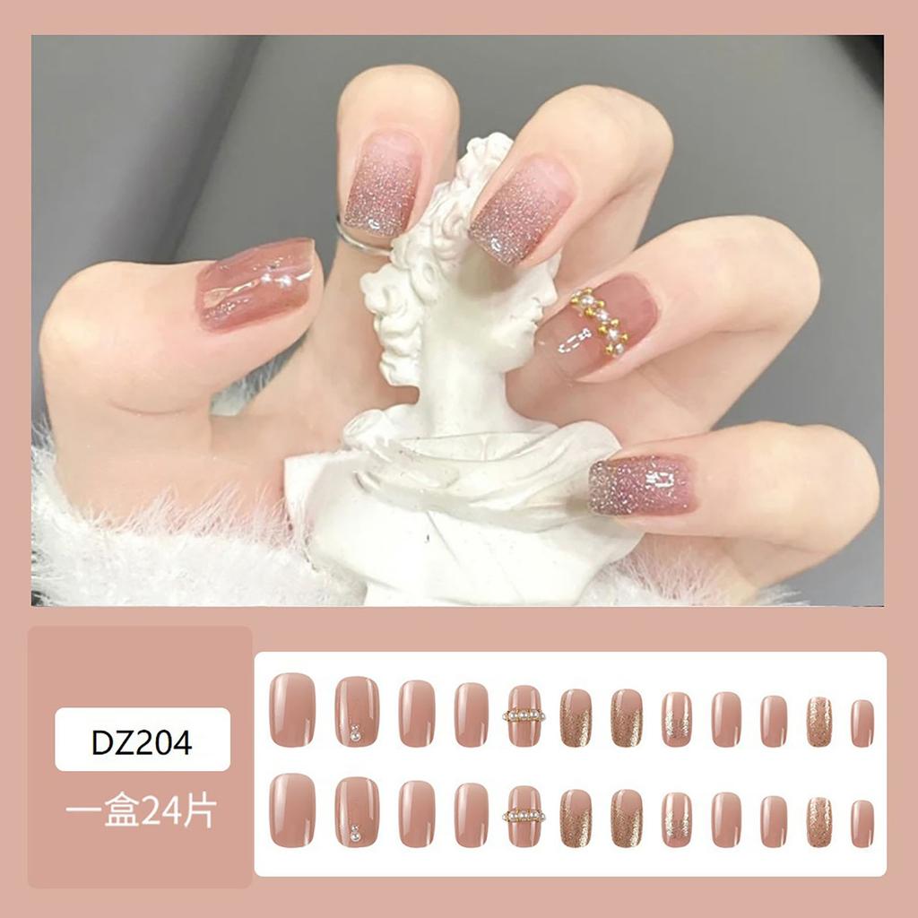 24-Piece Neutral Press-On Nails Set with Metallic Accents, Reusable False Nails for Easy DIY Manicure