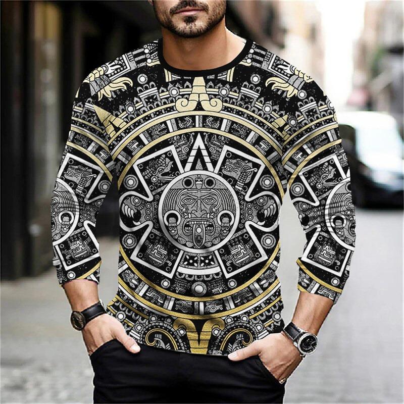 Spring And Autumn Long Sleeve Aztec Graphic Printed T-Shirts Men Street Casual Tops Female Loose Pullover Oversized Clothing Outdoor T Shirts