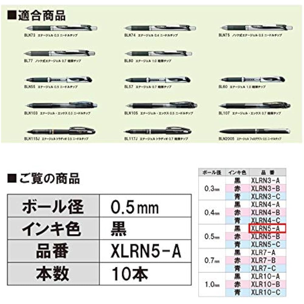 Pentel Ballpoint Pen Refills, 0.5mm, XLRN5-A, Black, 10