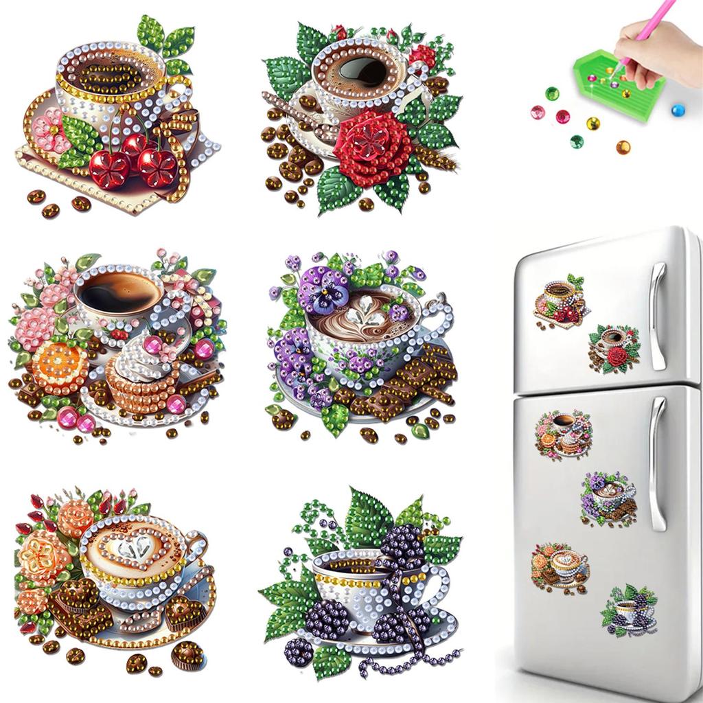 6Pcs Acrylic 2D Flat Coffee Afternoon Tea Diamond Art Fridge Magnet Diamond Painting Refrigerator Magnet for Adults Beginners