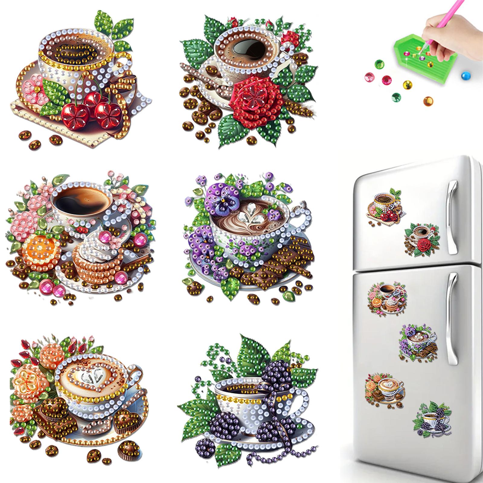 

6Pcs Acrylic 2D Flat Coffee Afternoon Tea Diamond Art Magnets Decals Diamond Painting Refrigerator Magnet for Fridge Whiteboards