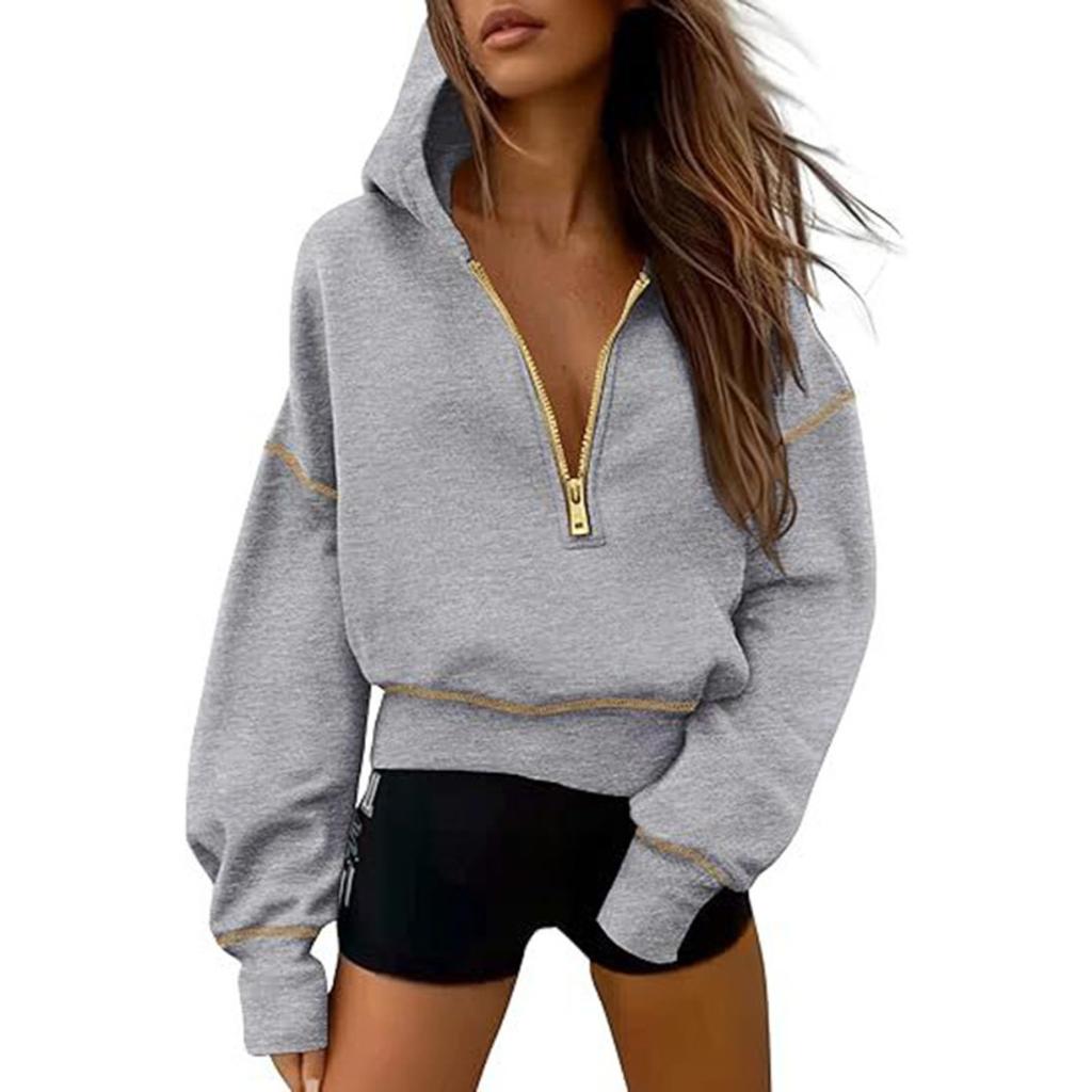 Warm, Fleece, Loose Jacket, Pullover Hoodie, Half Zip, Short Cut, Hooded Hoodie, Women's