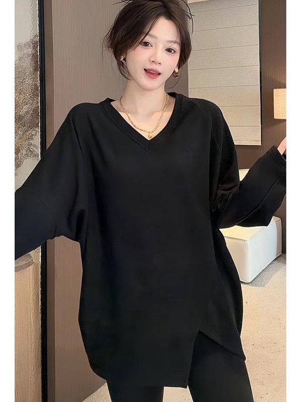 

Women s Korean Style Irregular V-Neck Bat Sleeve Brushed T-Shirt, Loose & Slimming, Autumn/Winter. M