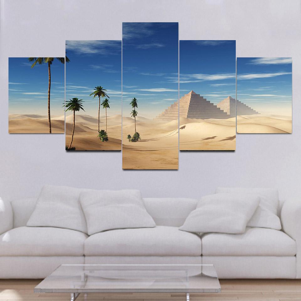 5 Panels Oasis In Sandy Egyptian Desert Pyramid Canvas Painting Landscape Posters and Prints Wall Art Home Decor No Frame