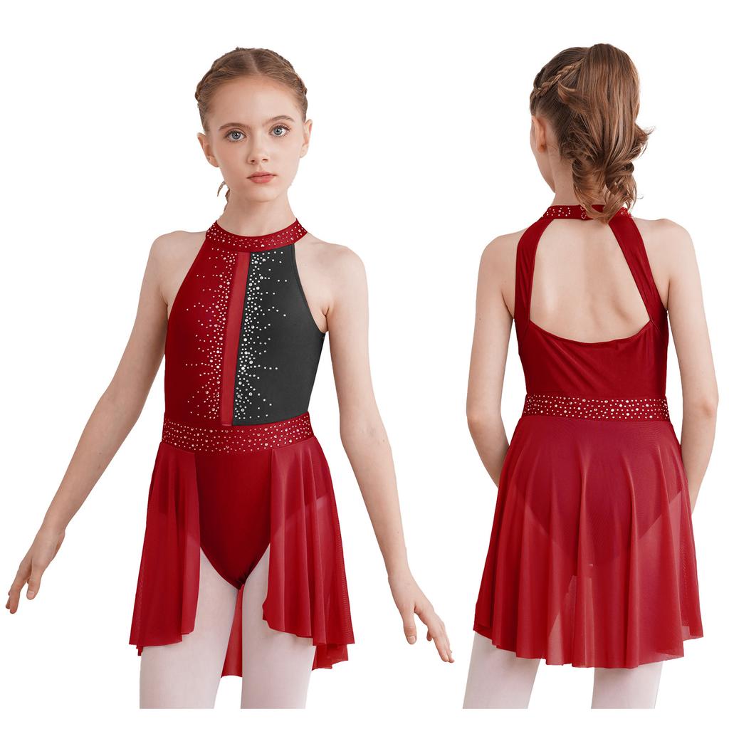Kids Girls Sleeveless Shiny Rhinestone Decor Backless Leotard Dress for Lyrical Contemporary Dance