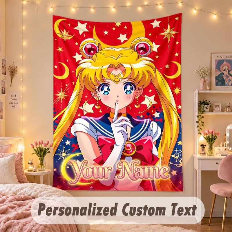 Custom Personalized Tapestry,Sailor Moon Print Custom Name Text Wall Art Hanging for Bedroom