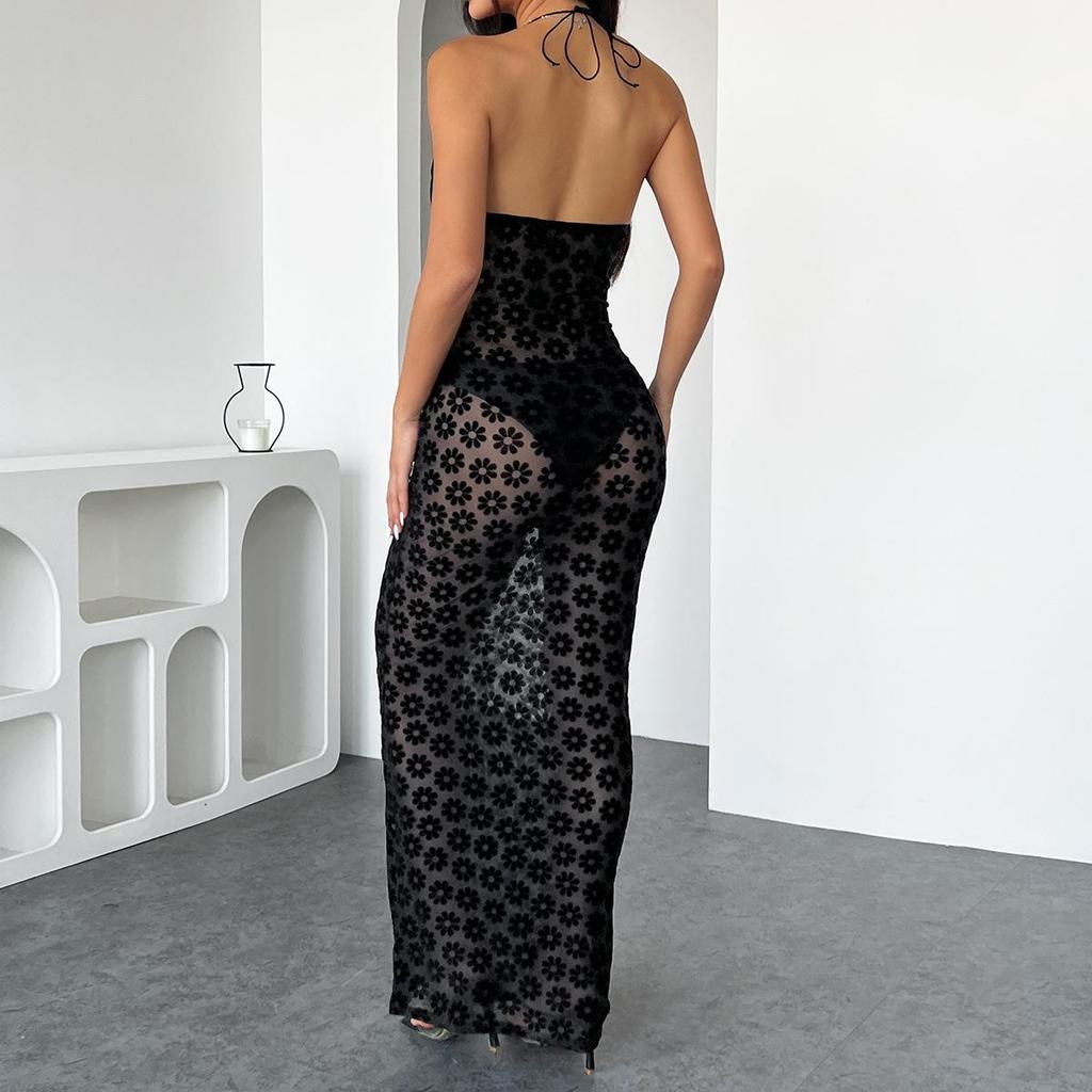 French Chic Metal Ring Halterneck Sheer Sexy Dress
