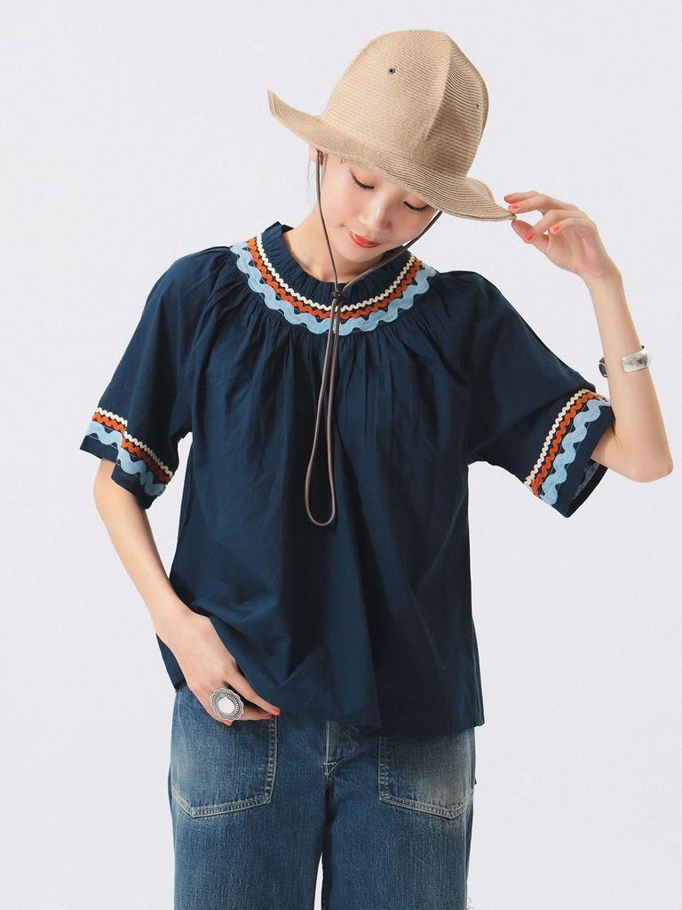 Beams Boy Shirt Trepied Tape Gathered Smock Navy Free S/S [Special Order] Women's