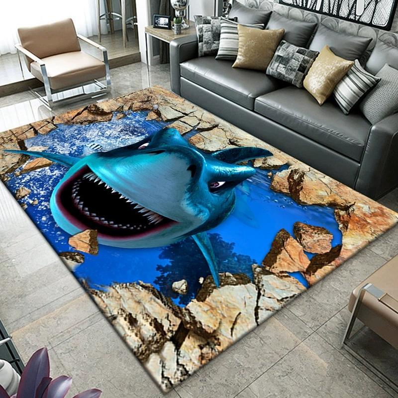 Living Room Carpet 3D Visual Printing Great White Shark Pattern Rug Bedroom Dining Room Non Slip Mat Home Decoration