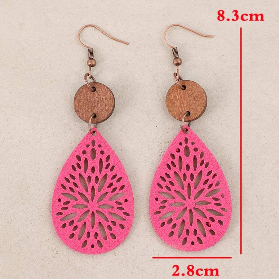 1 Paio Orecchini Pendenti Bohemien Vintage Intagliati a Intarsio in Pelle e Fetta di Legno per Donna