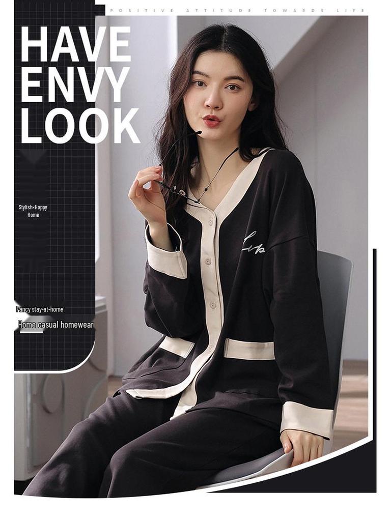 Women's Cotton Pajama Set: Long Sleeve Cardigan with Long Pants, Plus Size, Simple and Casual for Spring & Autumn.