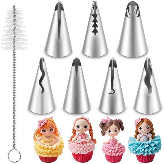 7PCS Pleated Skirt Piping Tips Set, Stainless Steel Cake Decorating Tips Nozzle Piping Set Frosting Icing Tips with Cleaning Brush for Pastry Fondant